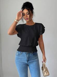 Elenzga Women's Ruffle Sleeve Casual Vacation Jacquard Round Neck T-Shirt - Black - View 6