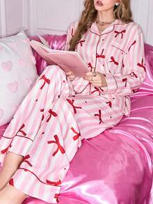 SweetSlumber Sweet Striped Bow Bubble Crinkle Women Pajama Set Striped Pajamas Pink Pajamas Bow Pajamas - Multicolor - View 5