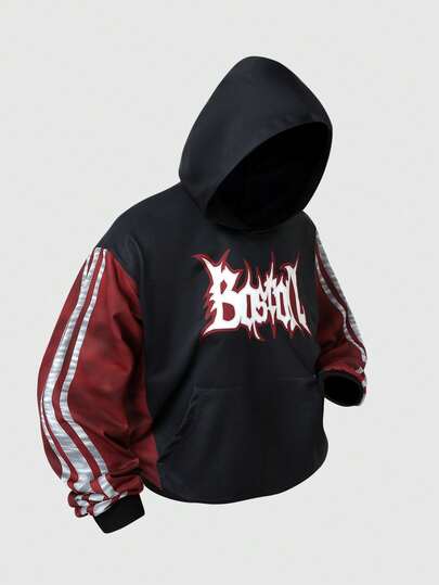 Street Life Sudadera con capucha casual de hombre con estampado de letras de color de contraste y parches, otoño