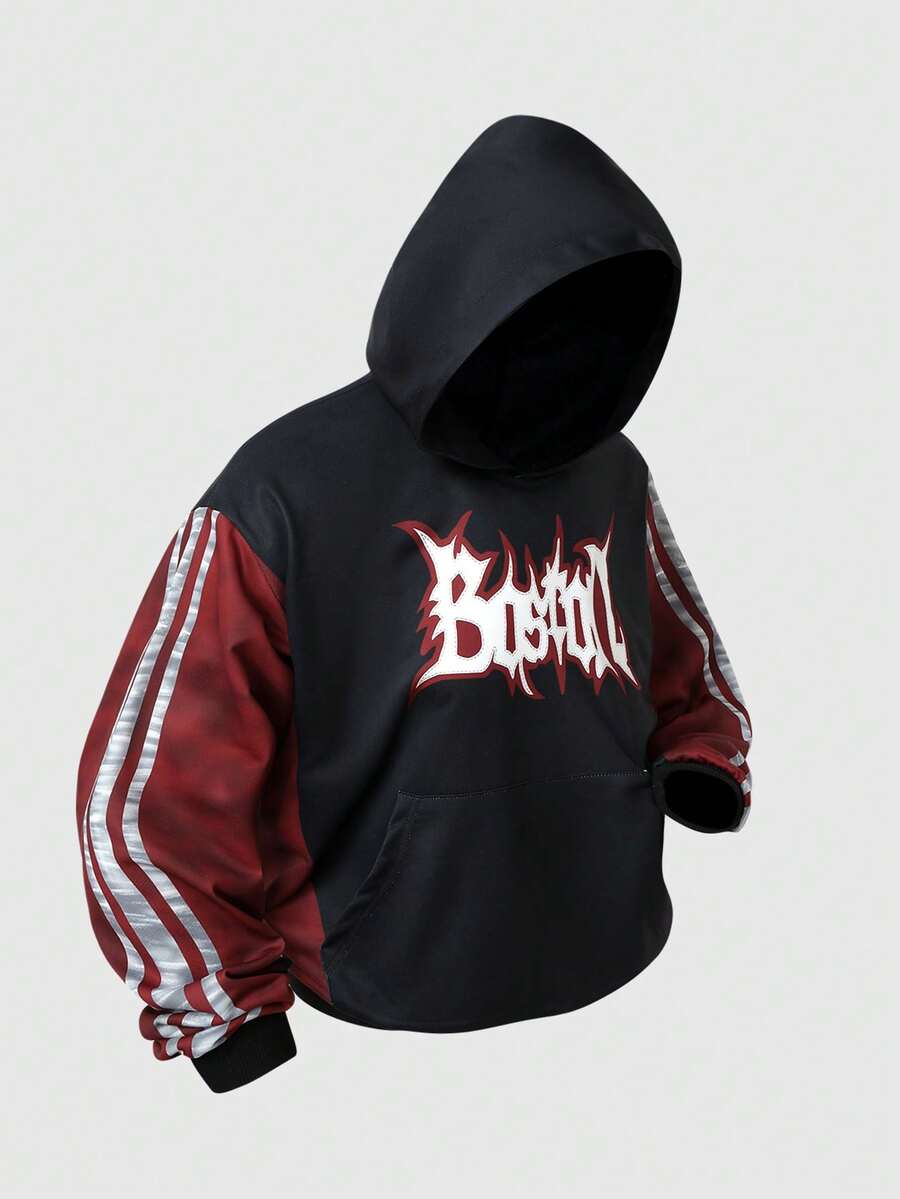 ROMWE MEN Street Life Men's Casual Contrast Color Patchwork Letter Print Hoodie Sweatshirt, Autumn - Multicolor - View 1