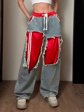 Jeanoix 女士时尚撞色二合一牛仔裤