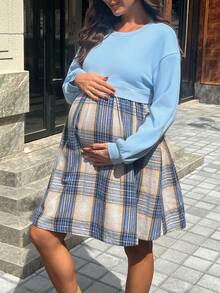 SHEIN A-Line Pleated Plaid Patch Round Neck Long Sleeve Dress - Baby Blue - View 4