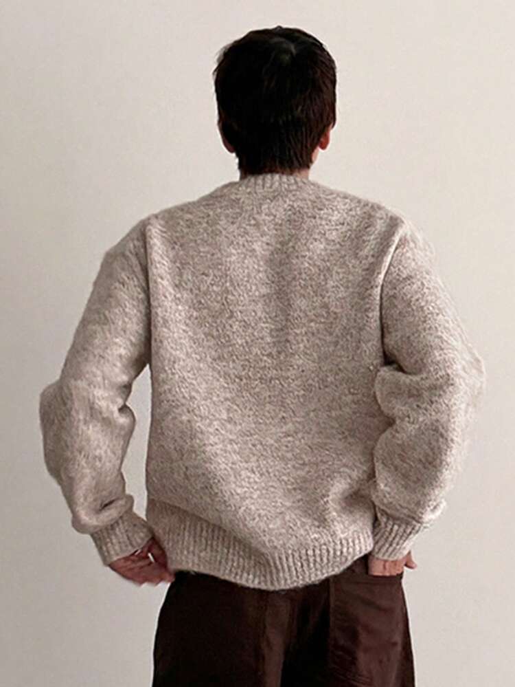 Khaki Floral Jacquard Crew Neck Sweater For Men, Autumn/Winter