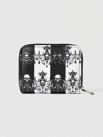 Goth 1 Pieza Billetera/Monedero Corto de Mujer Minimalista con Diseño de Cremallera y Calavera de Cristal