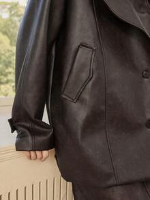 Dazy-Less Áo khoác nữ cổ ve lật dáng vintage, áo khoác da mùa thu, áo khoác công sở thường ngày. - màu nâu - Xem 6