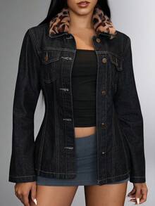 Jeanoix Slim Fit Pocket Design Women's Leopard Print Fur Collar Single-Breasted Denim Jacket - Dark Wash - View 8