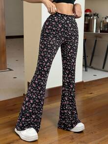 SHEIN EZwear Ditsy Floral Knitted Women's Flared Pants For Spring And Autumn - Black - View 5
