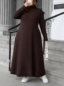 SHEIN CURVE+ Váy len dệt kim dáng chữ A dài tay cổ lọ gân cỡ lớn dành cho nữ, mùa thu/đông - màu nâu - Xem 4