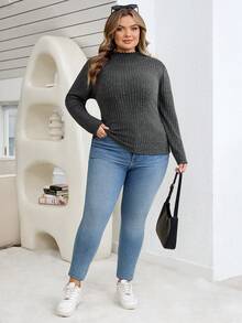 SHEIN CURVE+ 大码女式黑色高领长袖T恤，秋季基础款上衣 - 深灰色 - 查看 6