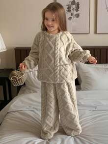 DAZY 女童加厚绒面宽松卫衣裤睡衣套装，冬季款 - 杏色 - 查看 4