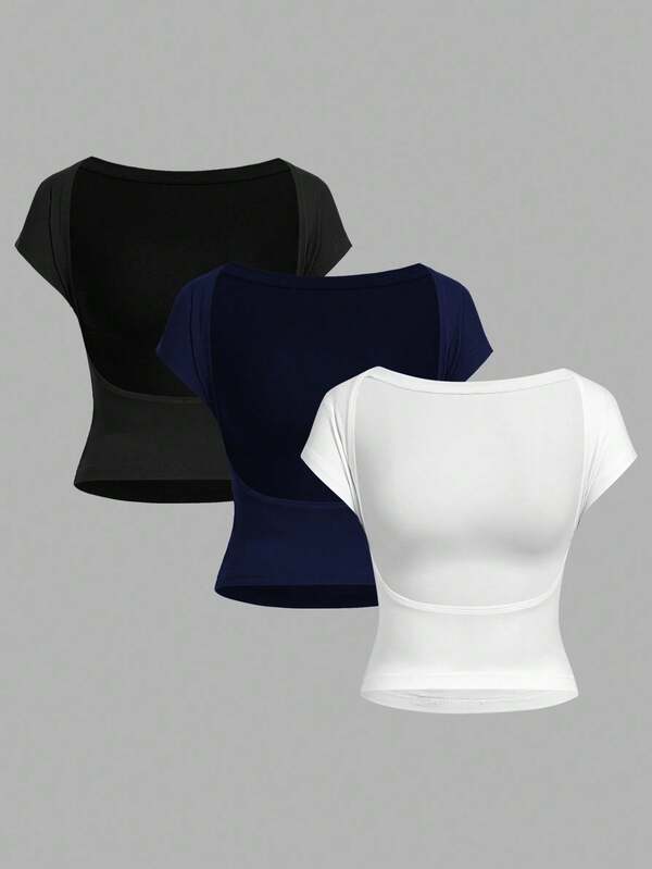 SHEIN EZwear 3pcs Black, White, Blue Casual Minimalist Round Neck Short Sleeve Backless Fitted T-Shirts For Women, Suitable For Summer