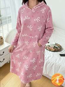 1 Piece Sets Girls Butterfly & Heart Pattern Kangaroo Pocket Nightgown Loungewear, Autumn/Winter Winter Pajamas For Girls Bow Pajamas Soft Pajamas Set Kids Clothes Girls - Multicolor - View 1