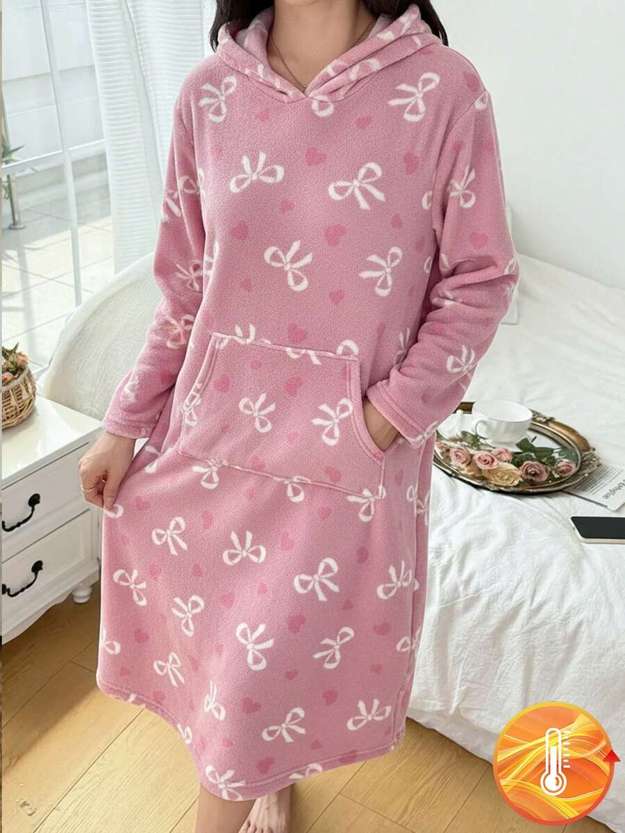 1 Piece Sets Girls Butterfly & Heart Pattern Kangaroo Pocket Nightgown Loungewear, Autumn/Winter Winter Pajamas For Girls Bow Pajamas Soft Pajamas Set Kids Clothes Girls - Multicolor - View 1