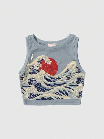 J-Fashion Débardeur côtelé avec graphique soleil et vague, école