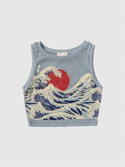 J-Fashion Camiseta de tirantes acanalada con gráfico de sol y olas, escolar