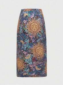 ROMWE Hippie Plus Size Ladies' Skirt With Sun, Moon And Stars Print For Summer - Multicolor - View 3