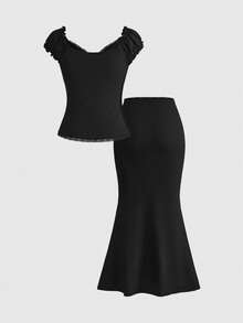 ROMWE Kawaii 女士夏季套装，2件套，V领蝴蝶结装饰撞色波点蕾丝拼接修身衬衫和裙子 - 黑色 - 查看 2