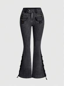 ROMWE Grunge Punk Y2K Harajuku Gyaru Gal Style Patchwork Fuzzy Super Low-Rise Mini Denim Jeans For Women - Dark Grey - View 2