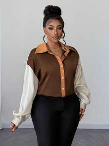 Maweii Plus Size Women's Elegant Colorblock Turndown Collar Long Sleeve Shirt, Sophisticated For Daily Commute - Multicolor - View 5