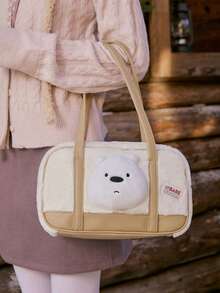 We Bare Bears X SHEIN 1 Túi tote vải nhung chắp vá thời trang màu kaki dung tích lớn - Màu Khaki - Xem 4
