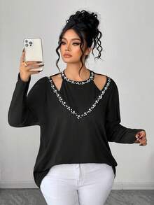 Elenzga Große Größen Elegantes langärmliges figurbetontes Shirt mit Perlenverzierung in Schwarz für Damen, ideal für Ausgehen - Schwarz - Übersicht 1