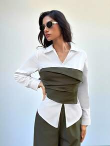 Firerie Elegantes, minimalistisches Büro-Outfit-Set für den täglichen Arbeitsweg, olivgrün und weiß, Langarm-Kontrast-Farbhemd mit asymmetrischer Taille und weite Schlupfhose, Anzug für Damen im Herbst/Winter, grünes Hemd-Set, Arbeitskleidung, Lehrerin-Outfit - Olivgrün - Übersicht 2