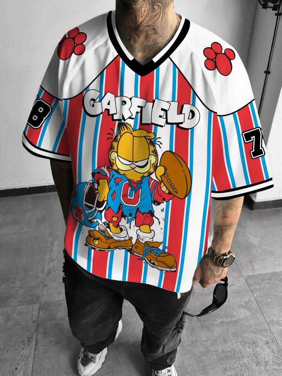 GARFIELD | SHEIN Men's Casual Daily Commute Sports Funny Cute Cartoon Letter Colorblock Striped Print V-Neck Loose T-Shirt, Summer - White - View 1