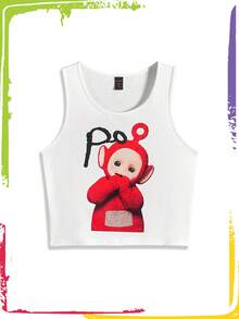 Teletubbies X ROMWE 女士可爱波波卡通图案圆领吊带背心，夏季 - 白色 - 查看 1