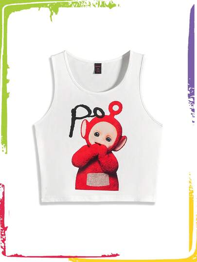 Teletubbies X ROMWE Camiseta de tirantes con cuello redondo y diseño lindo de Po y dibujos animados, para verano