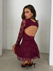 Aloruh Women's Elegant Burgundy Lace Mini Dress, Long Sleeve Open Back Cake Dress For Autumn Date Night,Luxurious Party Valentine's Day Outfit - Burgundy - View 3