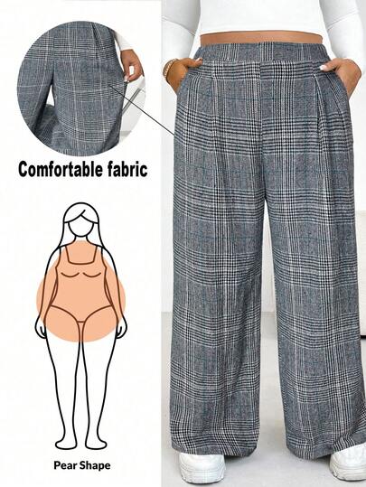 Shapeblank Plus Size Women's Pear-Shaped Body Autumn And Winter Fashion Casual Loose Comfortable Daily Retro Brown Plaid Warm Elastic Waist Wide Leg Pants,Women Bottom,Work Pants, Women's Winter Clothes Plaid Pants Women Plus Size Women Pants