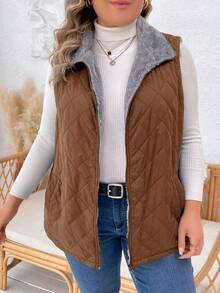 EMERY ROSE 大码女式纯色拉链前开式保暖背心外套，冬季 - 棕色 - 查看 3