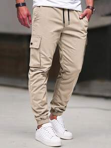 Manfinity Homme Men's Mature Casual Cargo Pants, Suitable For Daily Casual Wear, Weekend Outings, Outdoor Activities, Travel, Adventure, And Social Gatherings With Friends. This Pant Is An Indispensable Versatile Item In A Man's Wardrobe, Making It A Great Gift For A Boyfriend Or Husband. Beige Pants For Men Men Cargos Men Pants Khaki Men Cargo Pants Khaki Joggers Men - Apricot - View 4