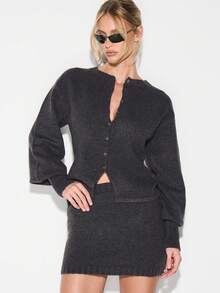 KIZN Charcoal Ribbed Knit Mini Skirt High Waisted Bodycon Fitted Winter Sweater Skirt Fall Fashion - Grey - View 4