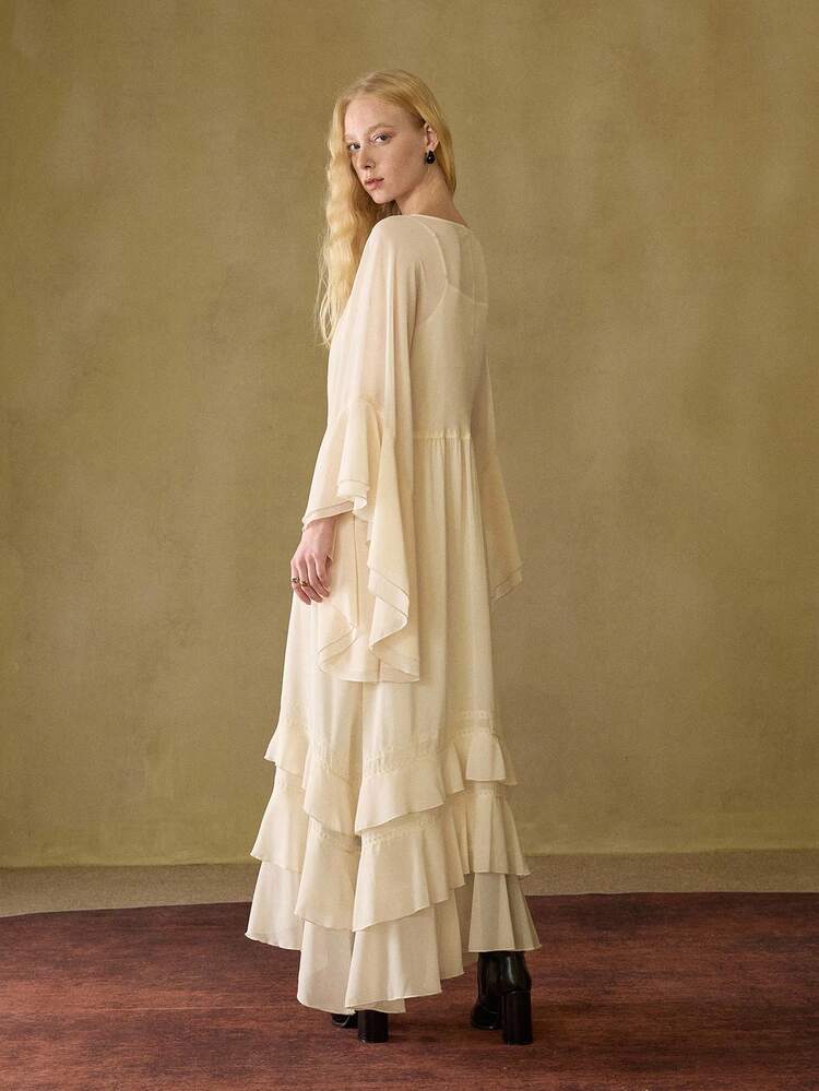 MOTF STUDIO SOLID V-NECK FLARE SLEEVE LAYERED RUFFLE HEM LONG DRESS , FALL WINTER