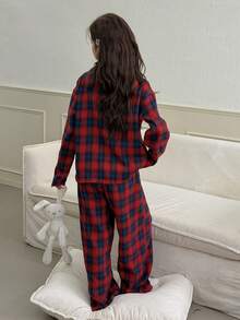 DAZY Tween Girl Plaid Lapel NeckSingle-Breasted Top And Pants Pajama Set