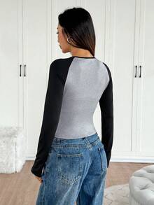 INAWLY 女士时尚圆领撞色拼接镂空松紧腰长袖T恤 - 彩色 - 查看 2