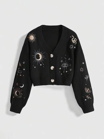 Cárdigan de mujer con bordados de sol, luna, estrella y serpiente en estilo hippie