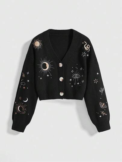 ROMWE Women's Hippie Style Sun, Moon, Star & Snake Embroidered Cardigan