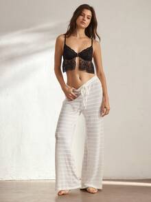 Ocili Women's Solid Color Crochet Low Waist Straight Leg Pants, Loungewear - White - View 2