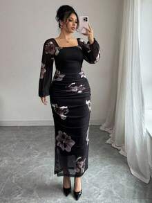 Modelyn 女式数码印花束腰连衣裙 - 香檳色 - 查看 6