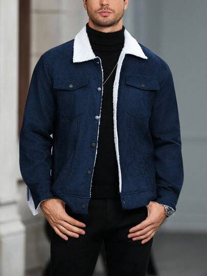 Manfinity CasualCool 男士纯色抓绒前开襟纽扣口袋长袖夹克外套，秋冬季