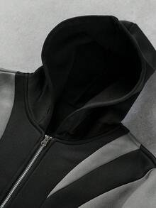 Manfinity EMRG Sudadera con capucha de cremallera de color contrastante, casual y holgada de manga larga para hombre, ropa de calle, sudaderas con cremallera de diseñador, chaquetas para hombre, sudadera con capucha de motocicleta, sudadera con capucha de carreras - Negro - Ver 3