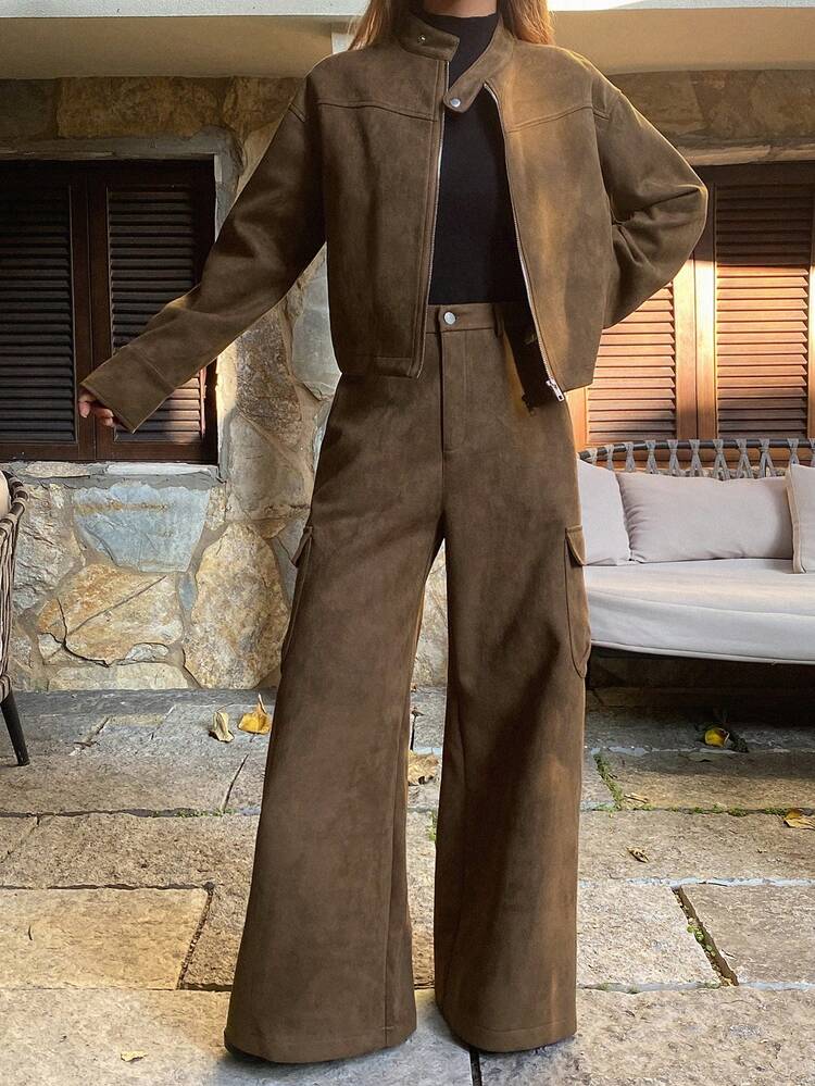 Women's Vintage Jacket And Cargo Pants 2 Pieces Set, Autumn Lounge Sets For Women