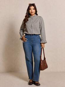 Elaquor Plus Size Women Frill Collar Plaid Long Sleeve Casual Shirt - Coffee Brown - View 1