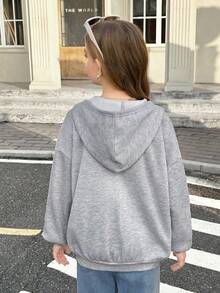 SHEIN Tween Girls Casual Knit Sweatshirt Jacket With Embroidery, Zipper And Pockets, Suitable For Weekends, Casual Outings, Back To School, Autumn/Winter, Tween Girl Zip Up Sweatshirt, Tween Girl Zip Up Top, Kids Grey Girl Jacket - Grey - View 4