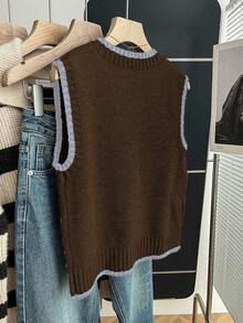 Franclia Casual Loose Crew Neck Sleeveless Contrast Trim Knit Top For Women, Spring/Autumn - Multicolor - View 2