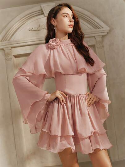 Savoree Romantic Lotus Pink Handmade 3D Floral Decor Multi-Layered Ruffle Hem Skirt, Spring Elegant Long Sleeve Dress