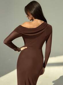 Aloruh Elegant Party One-Shoulder Pouch Long Sleeve Mesh Dress For Women Brown Elegant Dress Women Brown Sexy Dress - Coffee Brown - View 2
