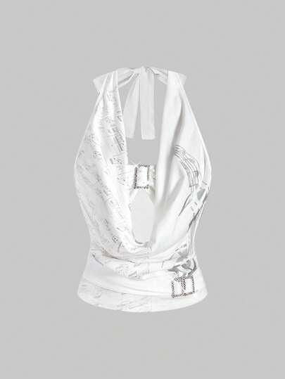 J-Fashion Débardeur femme 2 en 1 avec encolure bénitier et taille froncée, motif notes de musique, style Y2K